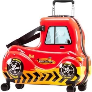 Kids Checked Ride on Luggage, 24 Inch Large Suitcase for Teens, Hardside Spinner Trunk with 360 Wheels, International Travel, Red car