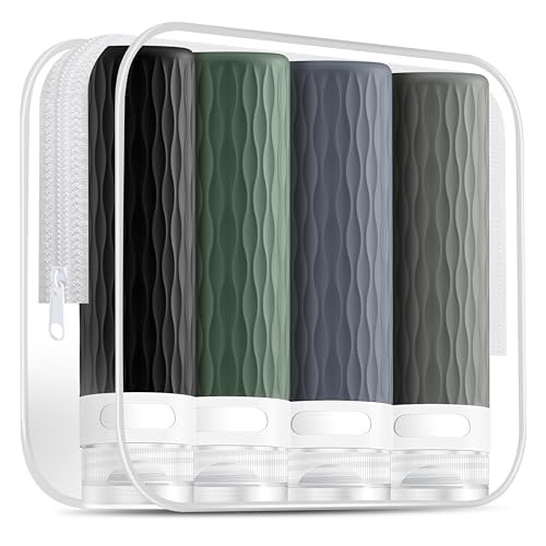 Travel Bottles for Toiletries, TSA Approved 3.4oz Travel Size Containers, BPA Free Leak Proof Silicone Traveling Bottles, Refillable Travel Essentials Kits for Shampoo Conditioner(4 Pack)-A