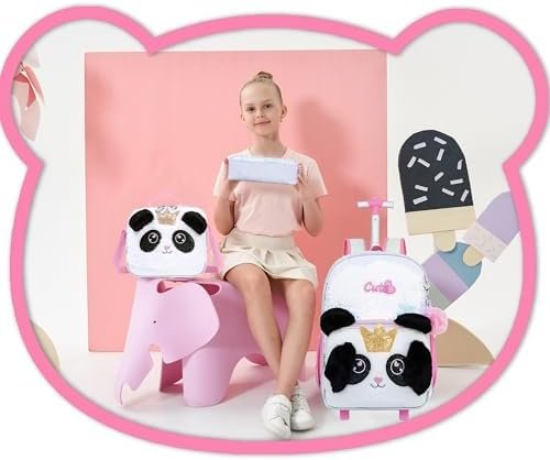 Meetbelify Rolling Backpack for Girls Backpacks with Wheels for Elementary School Students Kids 3 in 1 Travel Luggage Suitcase with Lunch Box Pencil Case for Girls Age 8-10 Cute Panda - Image 6