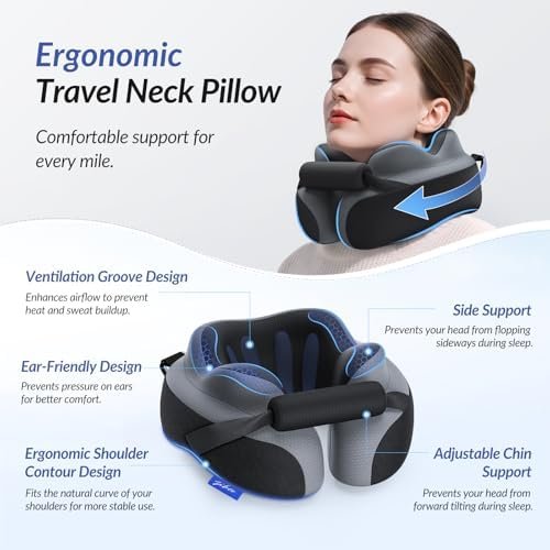 ZIKEE Ergonomic Travel Neck Pillow for Airplane, Dual-Hold Design to Stabilize Head and Neck on Flights, Ear-Free Memory Foam Airplane Travel Pillow, Quality Carrying Case, Breathable & Washable Cover - Image 2