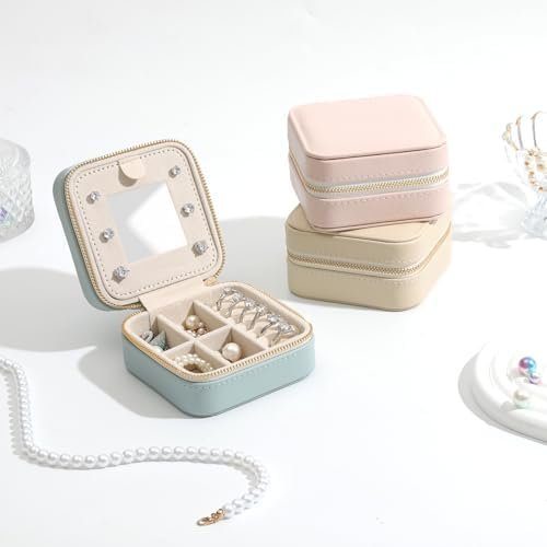Genuine Leather Travel Jewelry Case Organizer with Mirror for Women, Small Jewelry Box Portable Mini Jewelry Case for Earring, Ring, Necklace, Bracelet(Cyan) - Image 7
