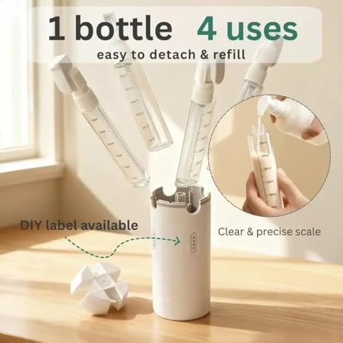 4 in 1 Travel Dispenser Bottle, 2026 New Refillable Travel Bottle for Toiletries, Leak Proof, Travel Size Containers for Shampoo Lotion Conditioner Cream, Transparent with Scale and Label (White) - Image 4