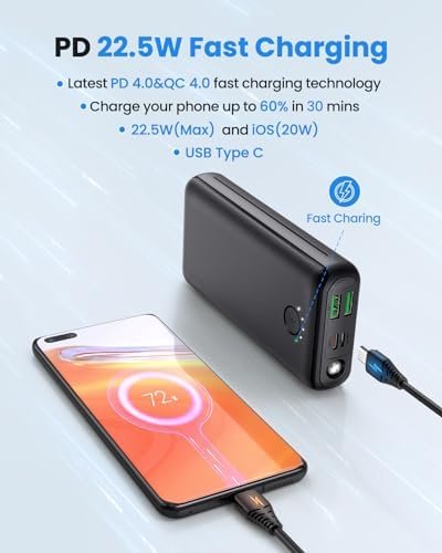 Portable Charger Power Bank 30000mAh USB C 22.5W Fast Charging External Battery Pack PD QC4.0 with Flashlight 3 Outputs & 2 Inputs Battery Bank for iPhone Samsung Galaxy iPad etc (Black) - Image 2