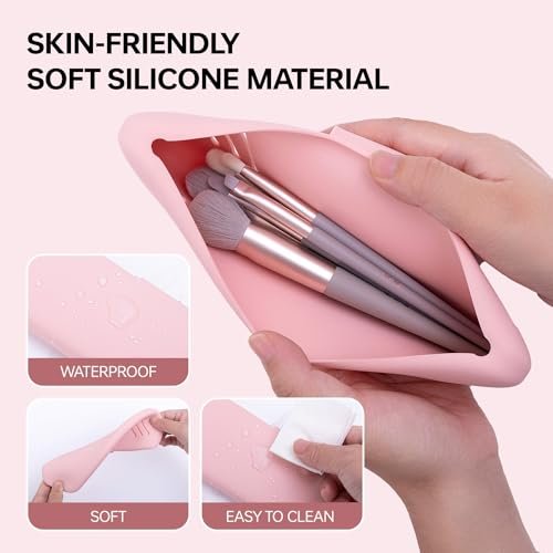Travel Makeup Brush Holder，Travel Essentials makeup brush case，Silicone Make Up Organizer Bag Purse（Pink+Khaki） - Image 5