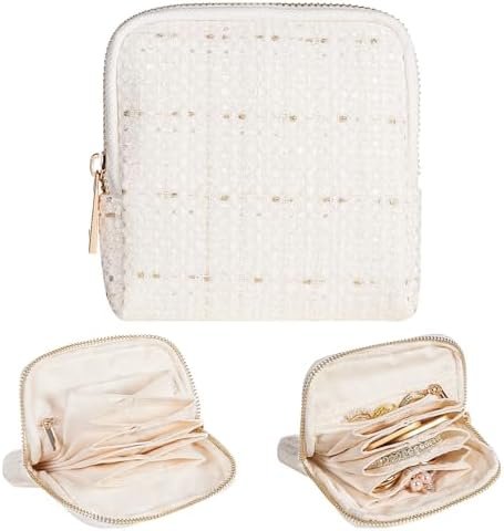 Women Travel Jewelry Case: Soft Bag with 5 Pouches for Ring Earring Necklace - Christmas and Birthday Gifts Choice (White)