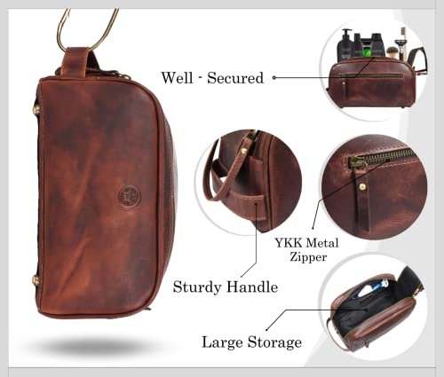 Leather Toiletry Bag for Men | Grooming Travel Kit | With Waterproof Lining | By Aaron Leather (Dark Brown) - Image 2