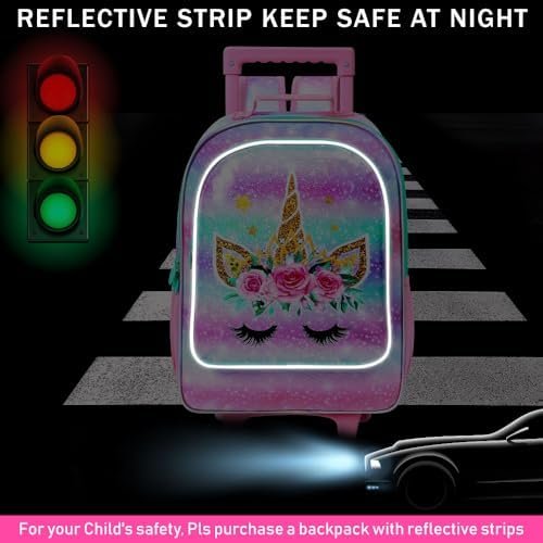 WZLVO 4PCS Girls Unicorn Rolling Backpack - Cute Wheeled School Set with Lunch Box,Water Resistant Roller School Backpack on Wheels for Elementary Kids Travel - Image 2