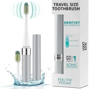 Voom Sonic Go 1 Series Travel Electric Toothbrush, Travel Toothbrushes - Battery Operated Toothbrush for Adults and Kids, Dentist Recommended Toothbrush, Portable with 2 Minute Timer (Silver)