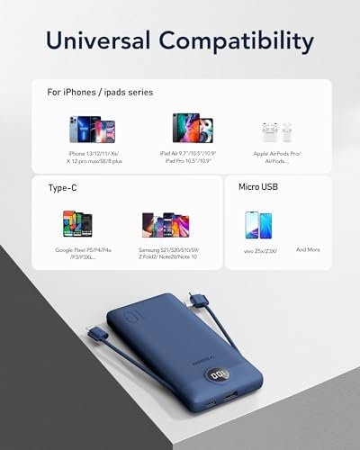 VEGER Portable Charger with Built-in AC Plug and Cables, All in One 10000mAh Ultra Slim Power Bank Travel Essentials, 15W Fast Charging Battery Pack Compatible with iPhone, Samsung, Android (Navy) - Image 6