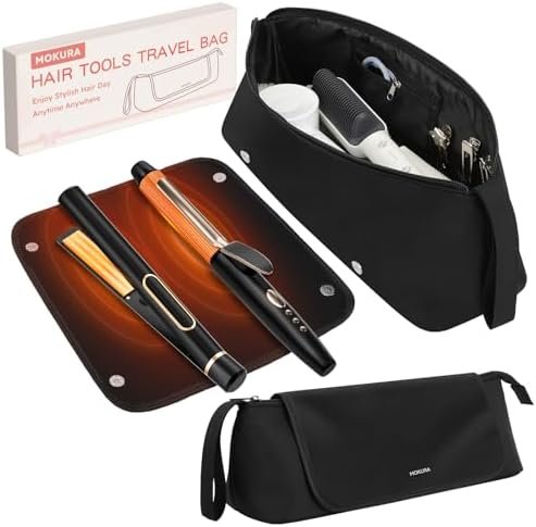 MOKURA Hot Hair Tools Travel Bag with Heat Resistant Mat Removable, Hair Accessories Organizer Case, Women Travel Essentials, Storage Pouch for Curling Iron Straightener Flat Iron Hair Dryer, Black