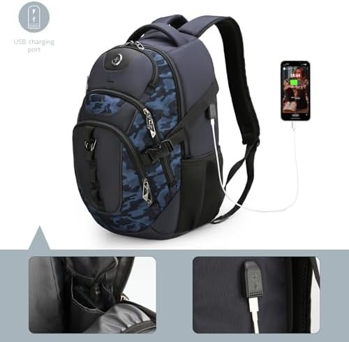 Swissdigital Design Laptop Backpack with USB Charging Port, Travel Backpack Fits 15.6 inches Computer, 31L College School Backpack for Men, Blue Camo | SD803-92 - Image 7