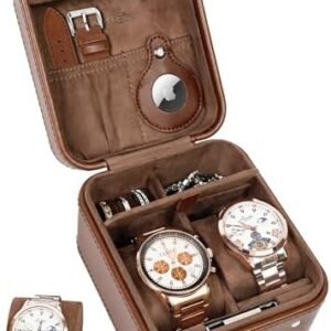 KAMIER Watch Travel Case with Combination Lock - 2 Watch Storage and Jewelry Organizer - Watch Case for Ring and Watch Storage, PU Leather Travel Watch Case, Ideal for Gift (With Gift Box) (Brown)