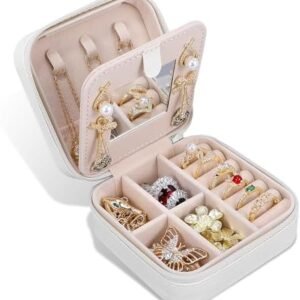 Travel Jewelry Case and Organizer with Mirror,Portable Mini Storage Box for Rings, Earrings, Necklaces, Gift for Mother Mom, Girl, Daughter, Sisters, Bridesmaids, Mother's Day Gift（White）