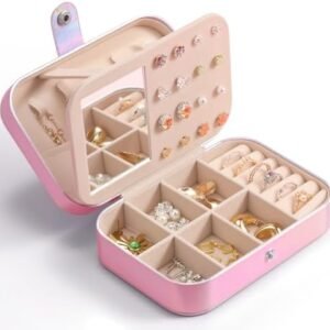LAMU Travel Jewelry Box, Portable Jewelry Organizers and Stroage, Glowing Rainbow Small Jewelry Case for Earrings Rings Necklaces, Travel Jewelry Case for Women Girls as Birthday, Wedding Gifts, Pink