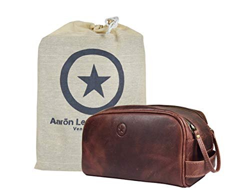 Leather Toiletry Bag for Men | Grooming Travel Kit | With Waterproof Lining | By Aaron Leather (Dark Brown)