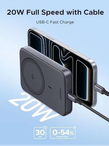 UGREEN Magnetic Power Bank Qi2 Certified 15W Fast Charging Wireless Battery Pack Slim 10000mAh Magsafe Portable Charger with 20W USB-C for iPhone 17/16/15/14/13/12 Series Black - Image 6