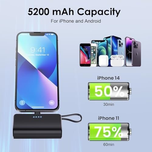 Mini Portable Charger for iPhone with Built-in Type-C Cable, 5200mAh Ultra-Compact Power Bank, PD 20W Fast Charging Battery Pack Phone Charger for iPhone 16/15/14/13/12, Samsung, Google, Android - Image 4