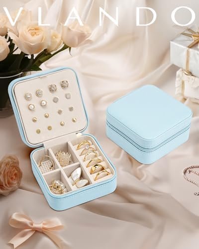 Vlando Travel Jewelry Case, Small Travel Jewelry Organizer Box for Girls Women - Blue - Image 6