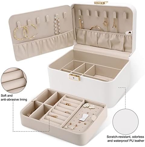KAMIER Travel Jewelry Box, 2 Layers PU Leather Portable Jewelry Organizer, Large Capacity, Double Lock and Large Mirror, Hidden Necklace Hooks, Removable Dividers, Gift Box Packaging, White - Image 2