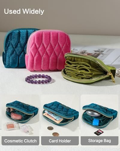 Small Travel Jewelry Case, Mini Travel Jewelry Bag with Zipper, 5-Layer Velvet Organizer Pouch for Bracelet Rings Earrings - Diamond Stitched Velvet Teal Blue - Image 6