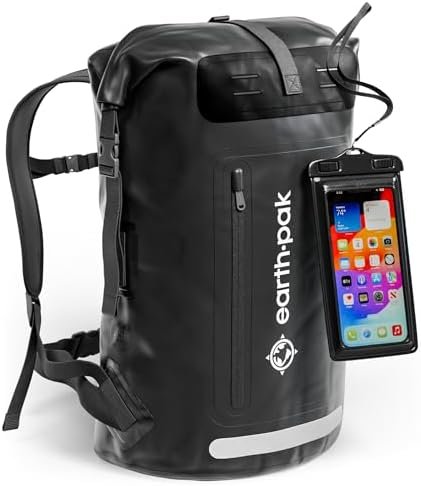 Earth Pak Waterproof Backpack - Heavy Duty Hiking Backpack - Roll-Top Closure Bag - Cushioned Dry Bag Waterproof Phone Case