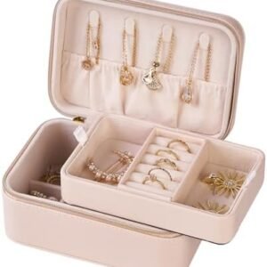 Travel Jewelry Box, 2 Layer Zipper PU Leather Portable Jewelry Organizer with Removable Trays, Compact Jewelry Case for Women