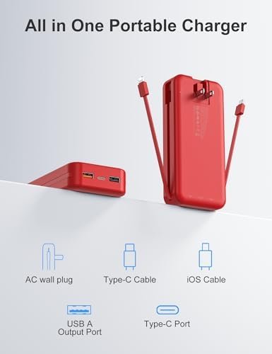 20000mAh Ultra-Portable-Charger-Power-Bank PD20W with Built in Cables&AC Wall Plug,Fast Charging Cell Phone Charger Battery Pack,LED Display Travel Battery Bank for All iPhone,Samsung,Android - Image 2