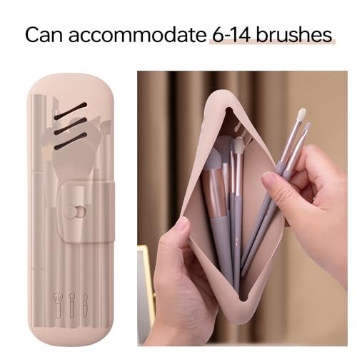 Travel Makeup Brush Holder，Travel Essentials makeup brush case，Silicone Make Up Organizer Bag Purse（Pink+Khaki） - Image 2