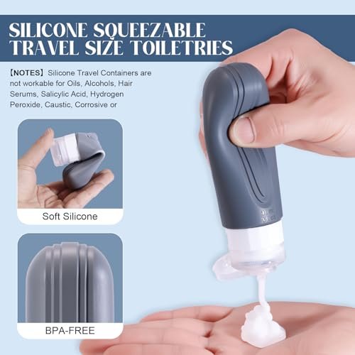 Travel Bottles for Toiletries, 3oz TSA Approved Travel Size Toiletries, Silicone Leak-Proof Refillable Containers, Squeezable Liquid Essentials Bottles W/Clear Bag (GRAY) - Image 3
