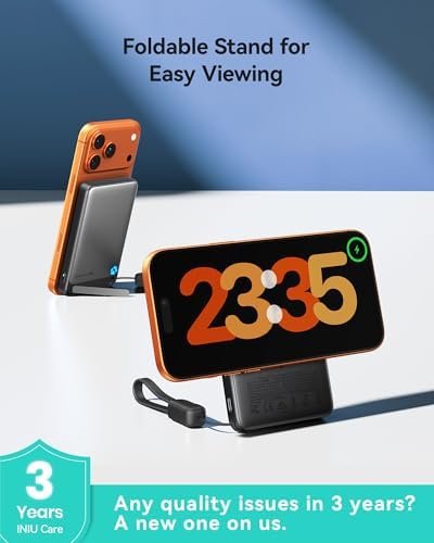 INIU for Magsafe Power Bank, Slimmest 10000mAh Qi2 Certified 15W Magnetic Portable Charger, 45W Fast Charging with Built-in USB-C Cable, Battery Pack with Stand for iPhone Air 17 16 15 14 13 12 Only - Image 8