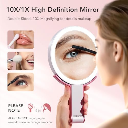 LitBear Travel Makeup Mirror with Lights, Rechargeable Double-Sided 10X/1X Magnifying Mirror, Portable Lighted Beauty Mirror, 3 Color Lighting, Dimmable Touch Screen, Tabletop Handhold Hanging (White) - Image 3