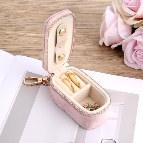 Mini Jewelry Box, Jewellery Travel Case Small Partitioned Earrings Box 2-in-1 Ring Holder Keychain Organizer for Storing Ring Necklace Pendants Women (Pink) - Image 7