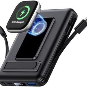 Magnetic Portable Charger, 10000mAh Wireless Power Bank for iPhone with Built-in Cables, 20W Fast Charging for Magsafe Battery Pack with Stand for iPhone Air/17/16/15/14/13/12 and Apple Watch