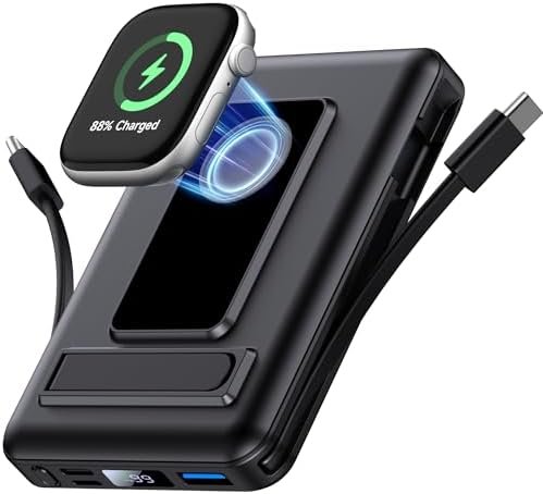 Magnetic Portable Charger, 10000mAh Wireless Power Bank for iPhone with Built-in Cables, 20W Fast Charging for Magsafe Battery Pack with Stand for iPhone Air/17/16/15/14/13/12 and Apple Watch