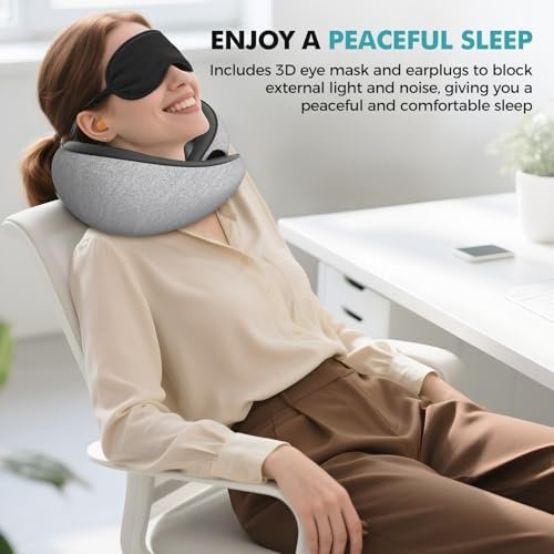 Travel Neck Pillows for Airplanes - 360° Ergonomic Memory Foam Travel Pillow - Relief Neck Pain with Breathable Support for Long Flights, Car, Train & Office Use - Adults & Kids (Gray) - Image 6