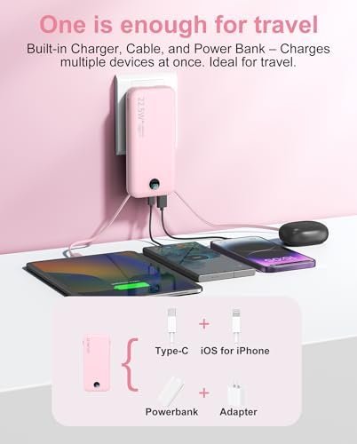Portable Charger, 12000mAh 22.5W Fast Charging Power Bank with Built-in Cables & Wall Plug, External Battery Pack with LED Display, Travel Essentials Battery Bank for iPhone, iPad, Samsung Fairy Pink - Image 2