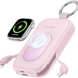 RORRY Portable Charger, 20000mAh PD 30W Portable Charger Power Bank with 2 Built-in Cables, Super Fast Charging Battery Pack with Keychain, Travel Essentials for iPhone, Apple Watch, iPad, Pink