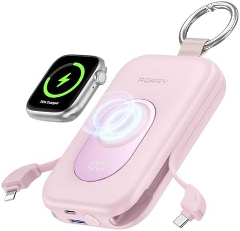 RORRY Portable Charger, 20000mAh PD 30W Portable Charger Power Bank with 2 Built-in Cables, Super Fast Charging Battery Pack with Keychain, Travel Essentials for iPhone, Apple Watch, iPad, Pink
