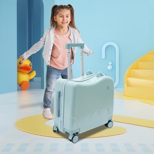 18 Inch Kid Ride On Suitcase, Ride-on Luggage with 4 Universal Wheels Lightweight Kids Travel Luggage for Boys Girls Children's Day Gift, Festival Gift (Sky Blue with Cute Small Ears) - Image 4