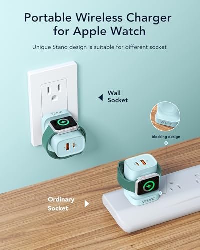 VRURC for Apple Watch Charger, Wireless Magnetic Portable iWatch Charger, PD 20W 3-in-1 Travel Essentials Fast Charging Block for iWatch Ultra/SE/11/10/9/8/7/6/5,iPhone 17/16/15/14/13 etc-Green - Image 2