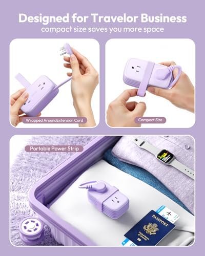 NTONPOWER Purple Travel Power Strip,Travel Essentials 4 Outlets 3 USB(1 C) with 4FT Wrapped Extension Cord Flat Plug, Cruise Essentials 2026 for Hotel Travel Cruise Essentials - Image 3