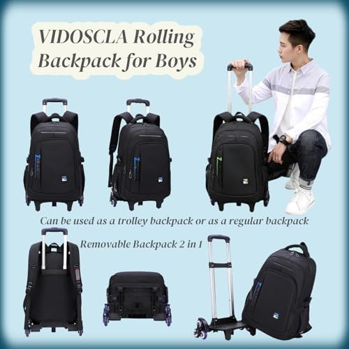 VIDOSCLA Black Kids Boys Rolling Backpack Teens Carry-on Luggage with Wheels Trolly BookBag for School-6 Wheels - Image 2