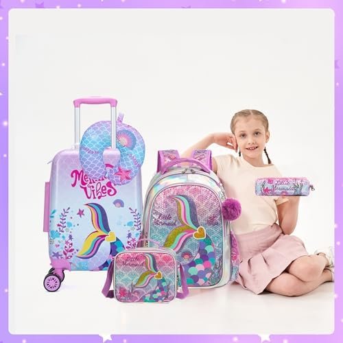 Cute Pink Mermaid Kid’s Luggage Set 5 Piece Suitcase Set 16’’ Hardside Luggage with Spinner Wheels Girls Boys Carry on Toddler Luggage Travel Rolling Luggage Carry on Luggage Airline Approved - Image 5