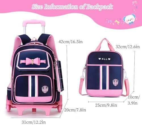 Rolling Backpack for Girls Cute Trolley Bags Primary School Bookbags with Wheels Kids Carry-On Wheeled Backpack with Lunch Bag - Image 3