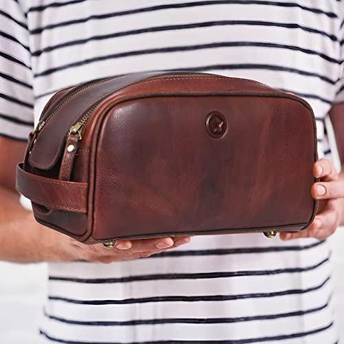 Leather Toiletry Bag for Men | Grooming Travel Kit | With Waterproof Lining | By Aaron Leather (Dark Brown) - Image 4