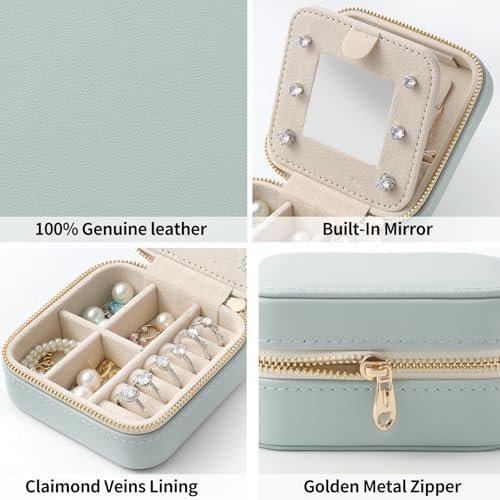 Genuine Leather Travel Jewelry Case Organizer with Mirror for Women, Small Jewelry Box Portable Mini Jewelry Case for Earring, Ring, Necklace, Bracelet(Cyan) - Image 5