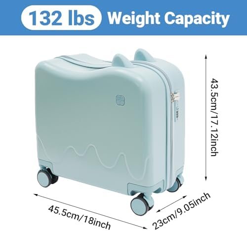 Bitodd 18" Kids Riding Suitcase, Rectangular Kids Luggage, Travel Trolley Case, Freestanding Rolling Luggage with Lock for Short Trips, School Trips, Outings (Azure Blue) - Image 2