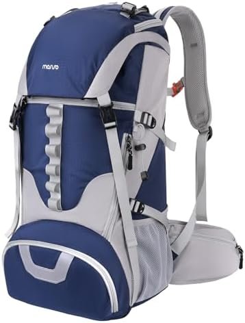 MOSISO 50L Hiking Backpack, Waterproof Camping Backpack with Rain Cover for Men Women, Lightweight Sport Daypack for Outdoor Camping Travel, Navy Blue