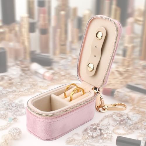 Mini Jewelry Box, Jewellery Travel Case Small Partitioned Earrings Box 2-in-1 Ring Holder Keychain Organizer for Storing Ring Necklace Pendants Women (Pink) - Image 5