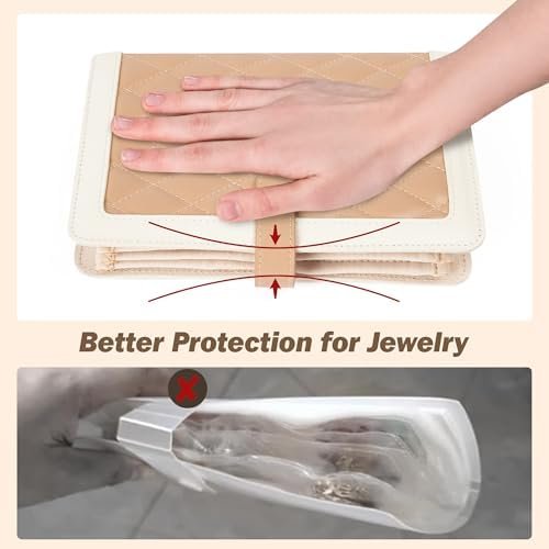 Jewelry Travel Organizer Case -5 Pouch Jewelry Roll for Necklaces, Rings, Earrings Jewelry Storage Ring Binder PU Leather for Women (Beige & White) - Image 5